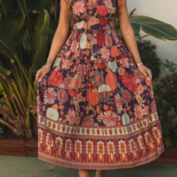 Purple & Red Floral Ruffle-Trim Sleeveless Midi Dress - Picture 3 of 3